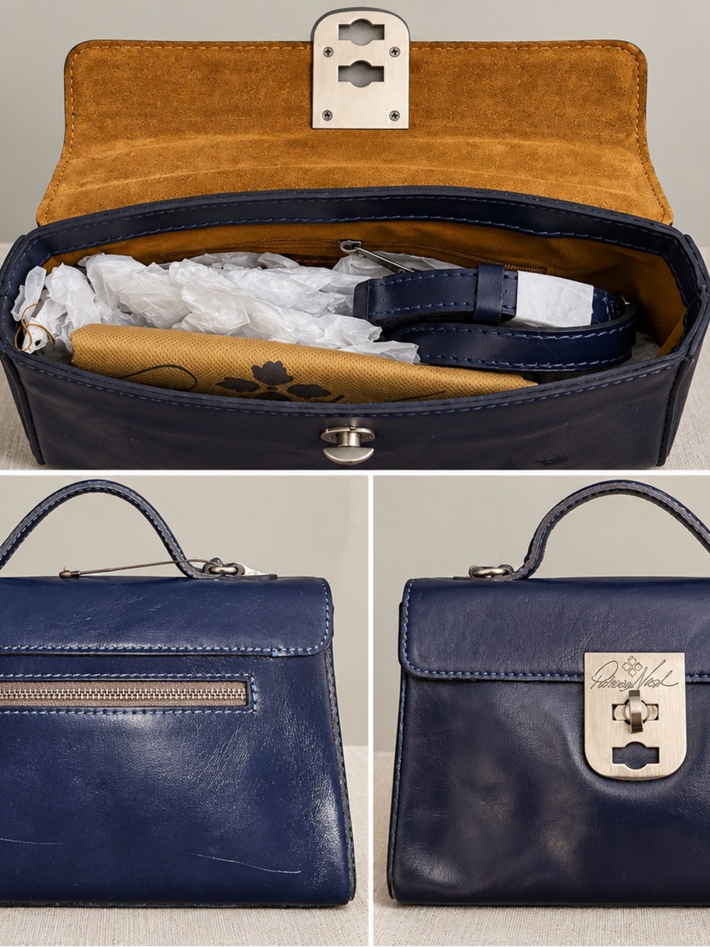 NWT Patricia Nash Navy Blue Leather Top-Handle Satchel with Gold-Tone Hardware